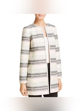 Jacques vert Striped Collarless Open-Front Blazer in Ivory and Black